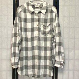 Caffe Marrakesh 2X Oversize Boho Large Check Button Front & Back Tunic Shirt